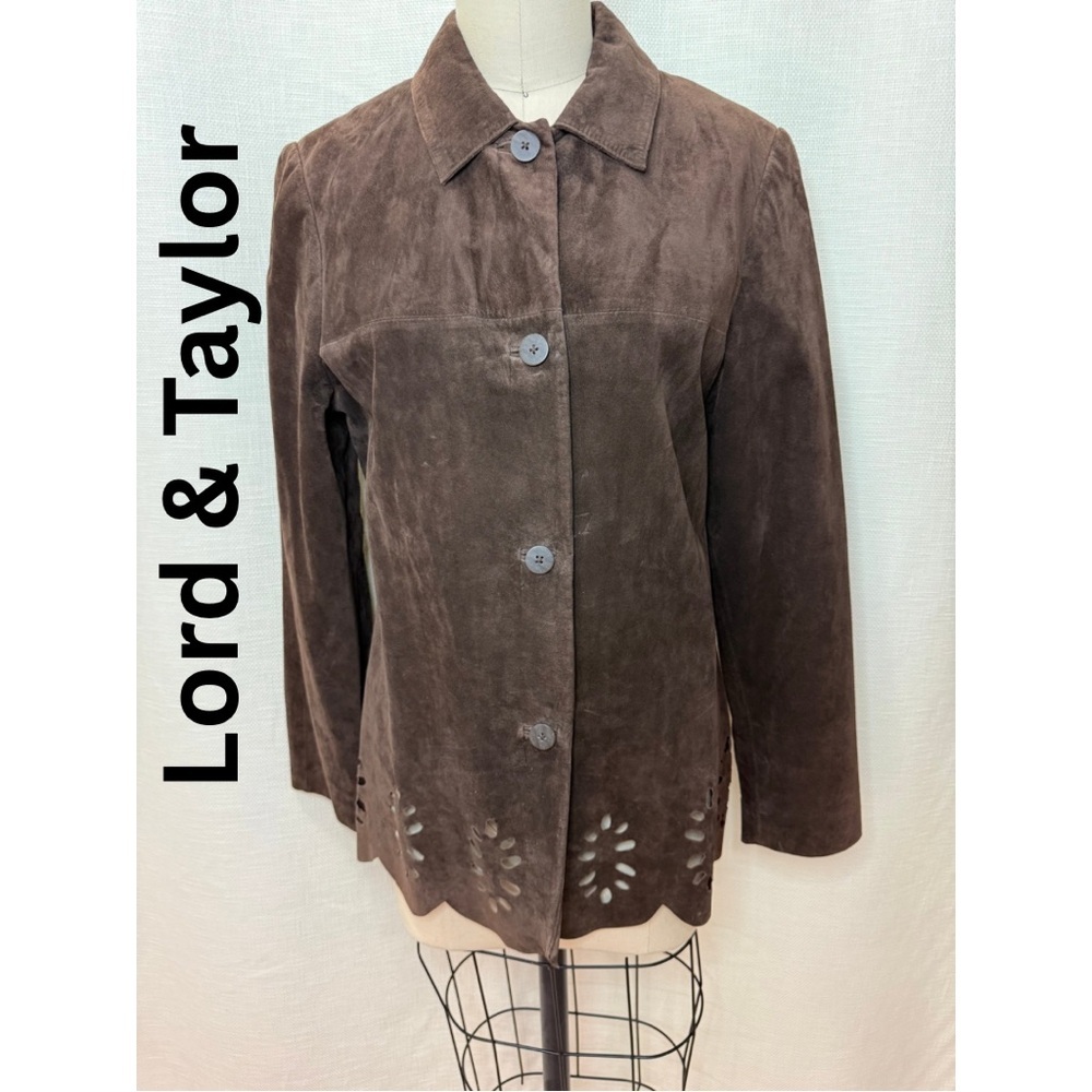 Lord & Taylor Brown Suede Leather Jacket Cutout Hem Button Front Size M Vintage!